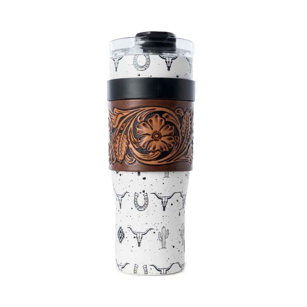 Myra Westmark Tooled Western Tumbler in White Stainless Steel with Leather Wrap and Handle for Use