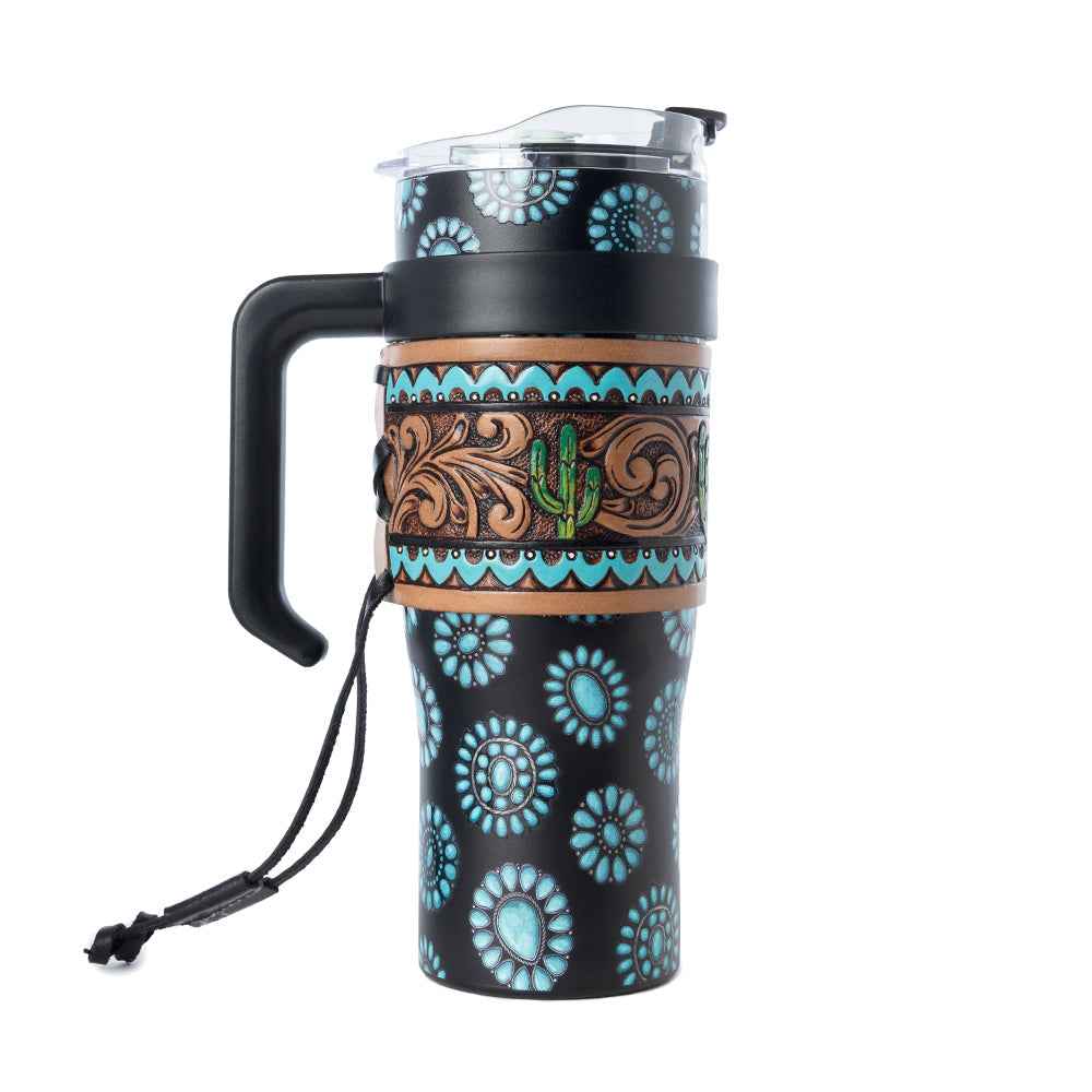 Myra Concho Crest Western Tooled Tumbler in Black Stainless Steel with Leather Wrap and Handle