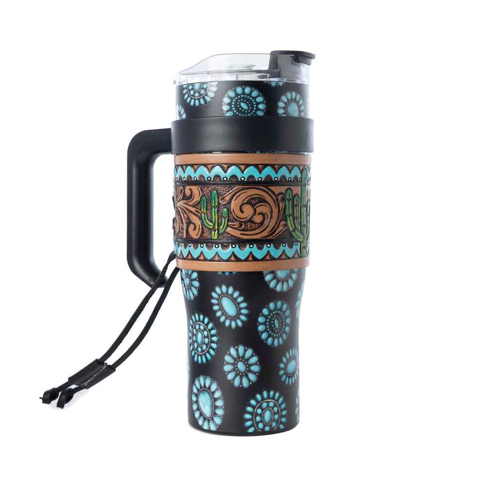 Myra Concho Crest Western Tooled Tumbler in Black Stainless Steel with Leather Wrap and Handle