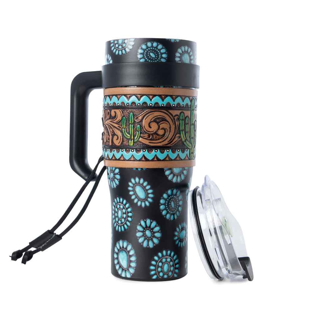 Myra Concho Crest Western Tooled Tumbler in Black Stainless Steel with Leather Wrap and Handle