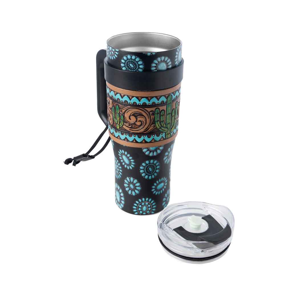 Myra Concho Crest Western Tooled Tumbler in Black Stainless Steel with Leather Wrap and Handle