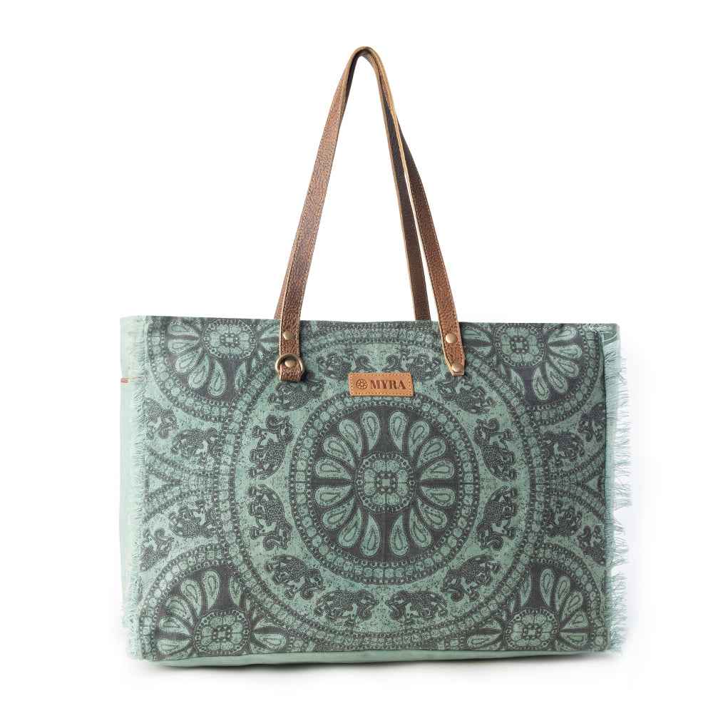 Myra Wildtusk Weekender Bag for Women in green with vintage print detail