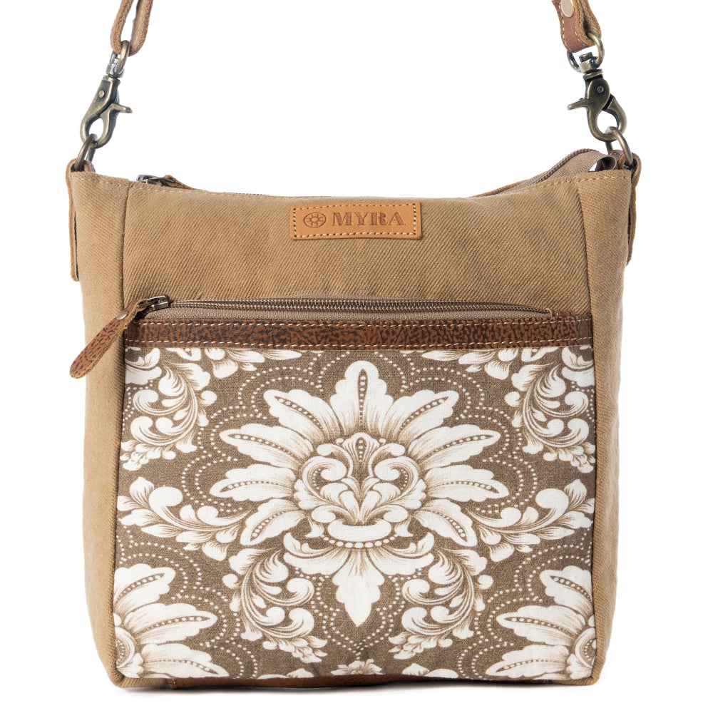 Myra Crestbloom Vintage Crossbody Bag for Women in olive with print detail