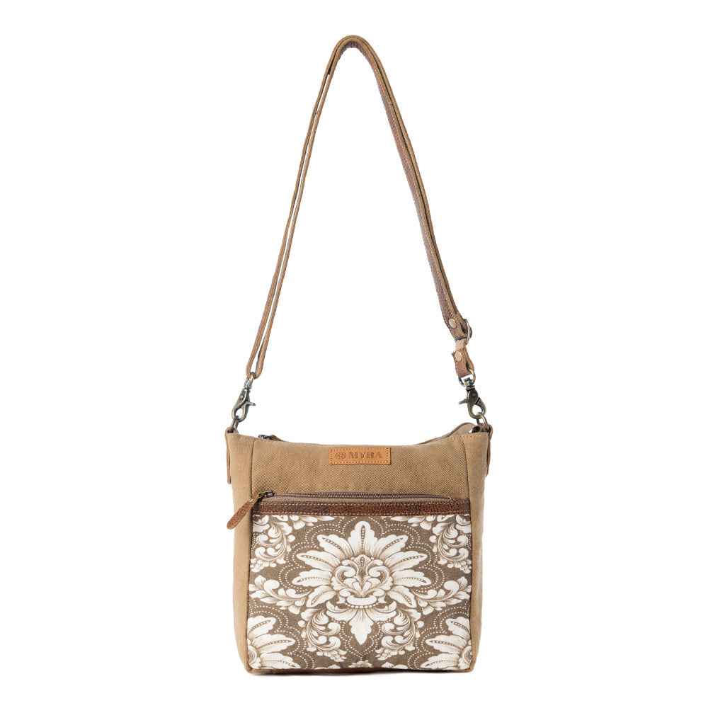 Myra Crestbloom Vintage Crossbody Bag for Women in olive with print detail