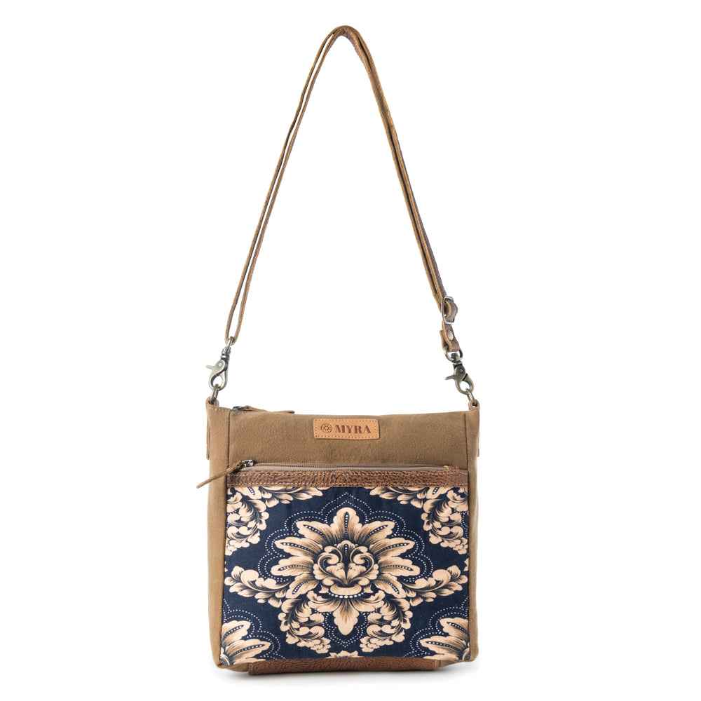 Myra Crestbloom Vintage Crossbody Bag for Women in navy with print detail
