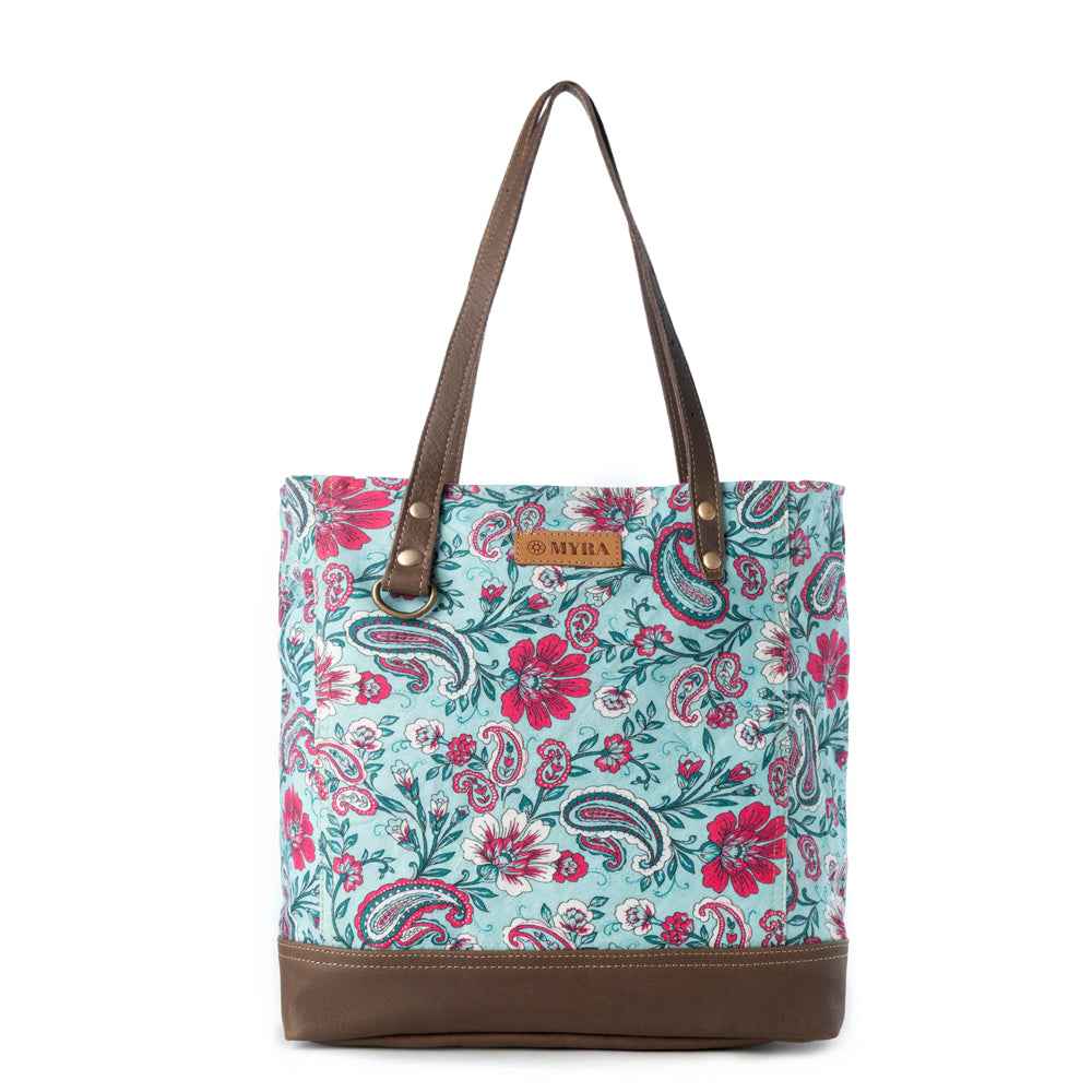 Myra Pinkpaisley upcycled canvas Tote Bag for Women in pink with leather detail