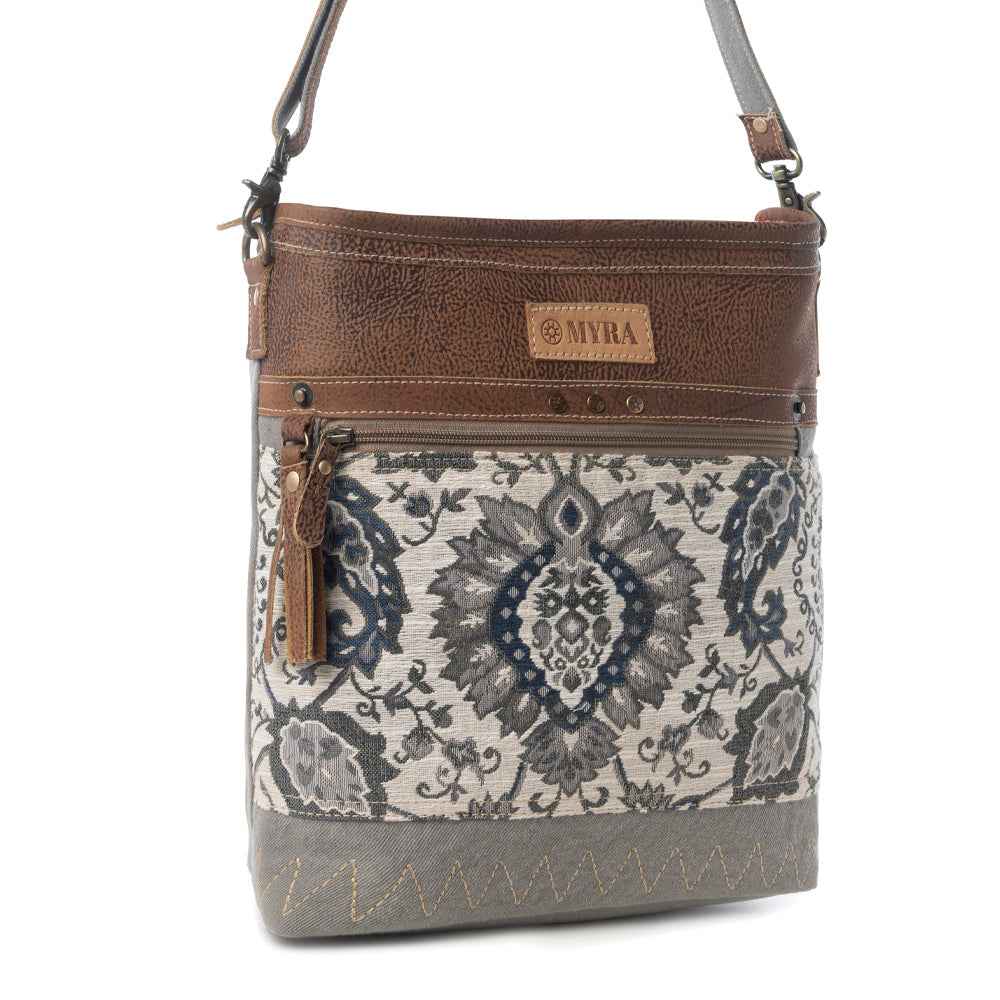 Myra Sagebrook Jacquard upcycled canvas Bag for Women in sage with leather detail