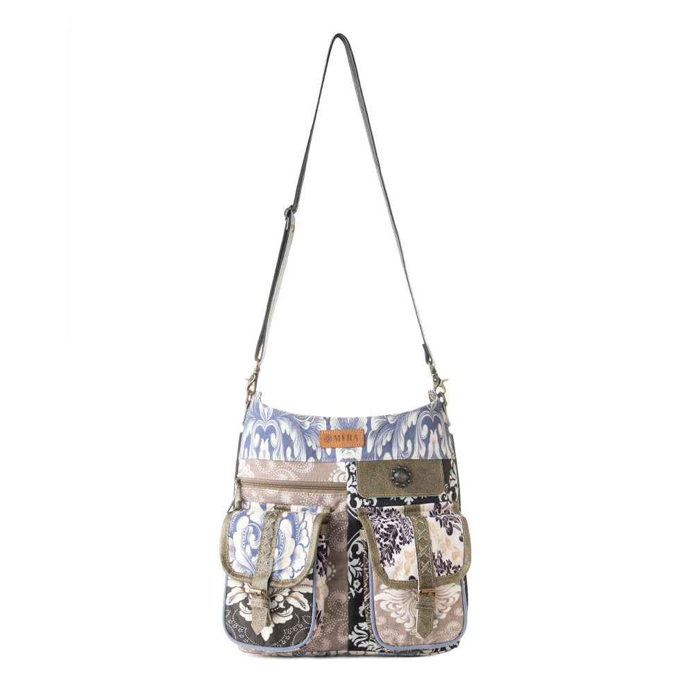 Myra Le Fleur Bel Cowgirl Shoulder Bag for Women in blue floral with leather and Concho details