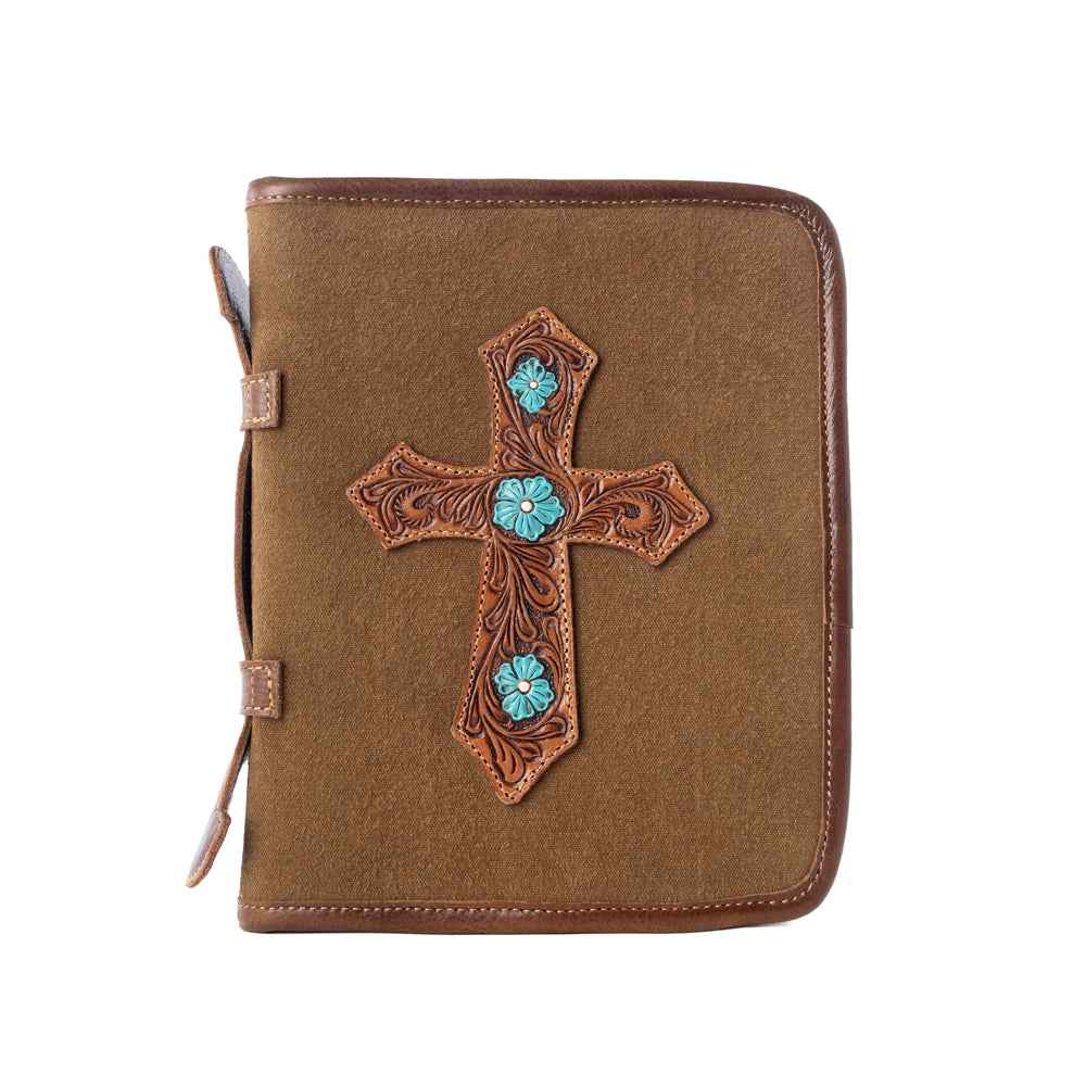 Myra Holycross Western Bible Cover in brown with flap closure and handtooled detail