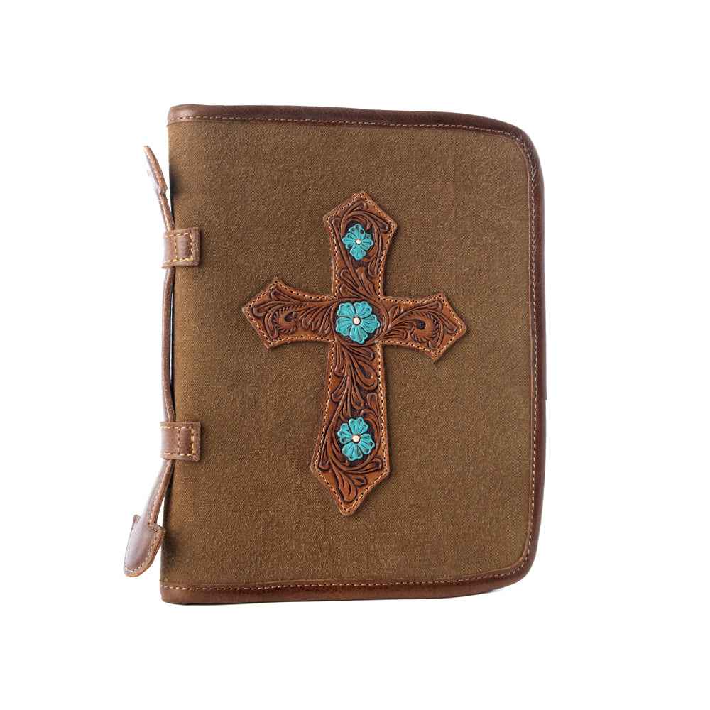 Myra Holycross Western Bible Cover in brown with flap closure and handtooled detail