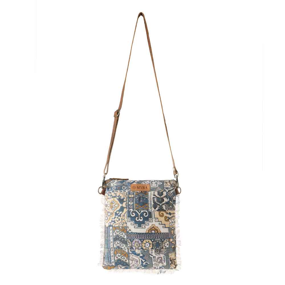Loom Tapestry vintage crossbody Bag for Women in indigo with fringe detail