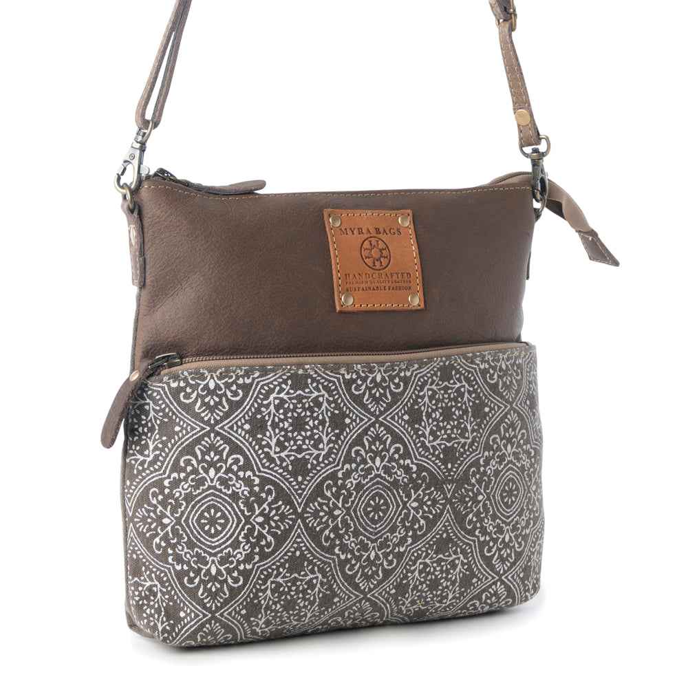 Myra Wildprint Trail Vintage Crossbody Bag for Women in olive with tile detail