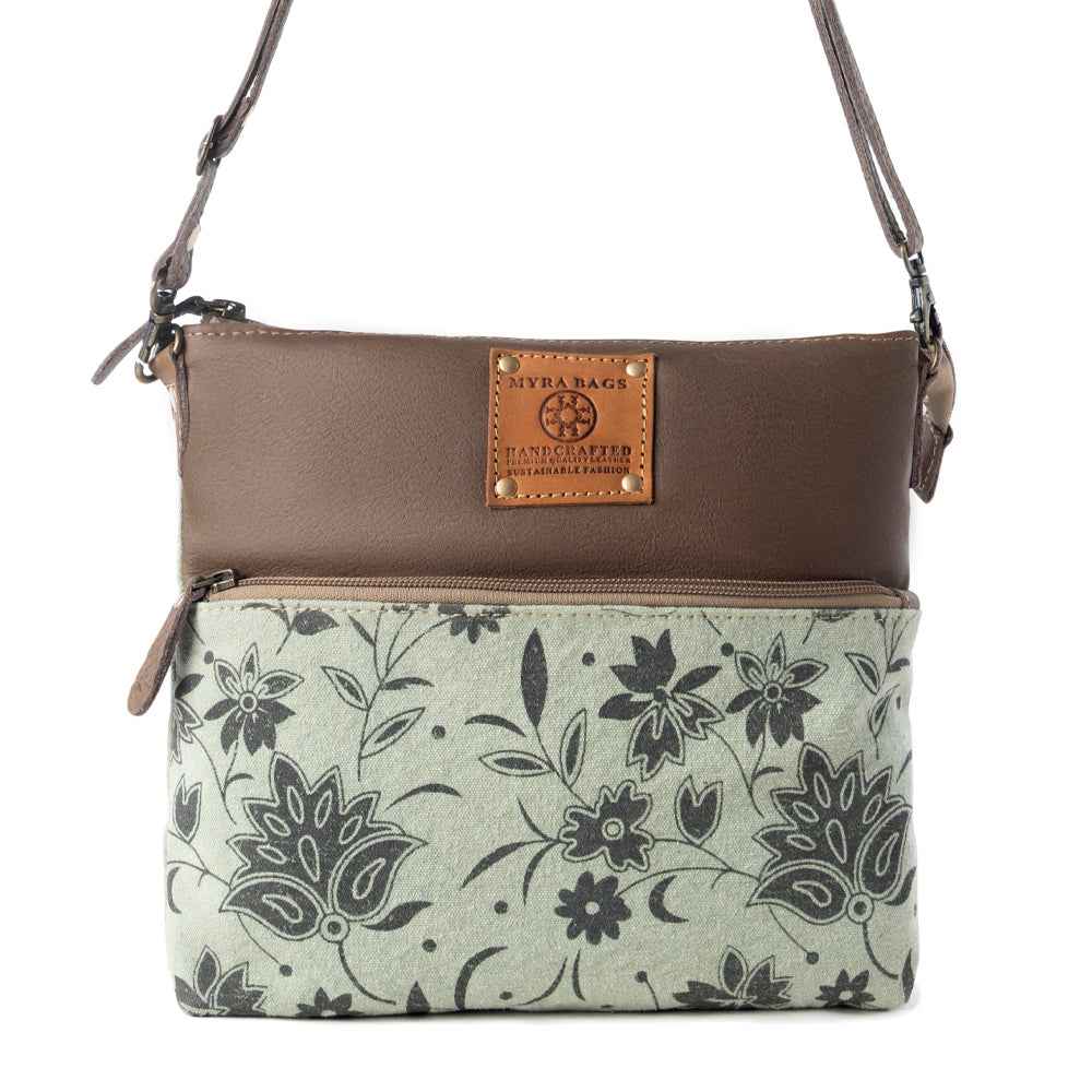 Myra Wildprint Trail upcycled canvas crossbody Bag for Women in sage with floral detail