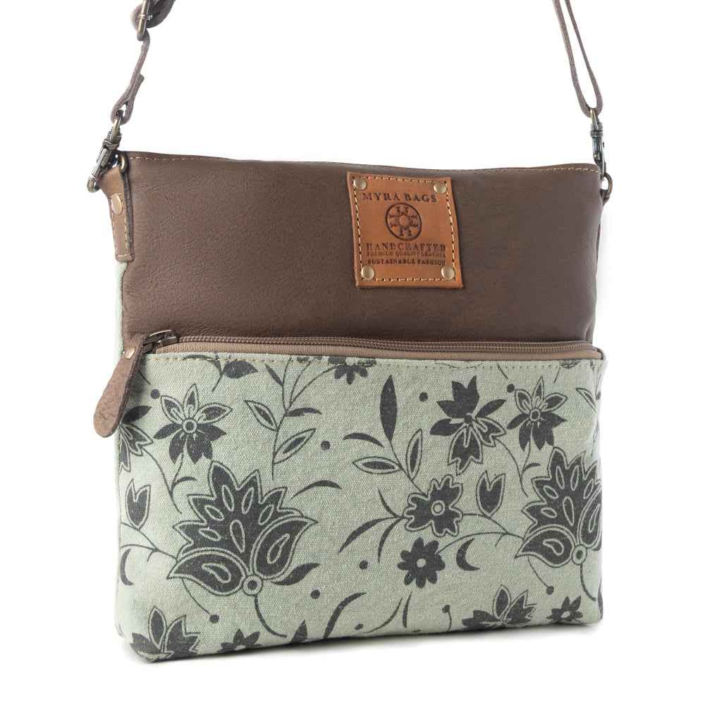 Myra Wildprint Trail upcycled canvas crossbody Bag for Women in sage with floral detail