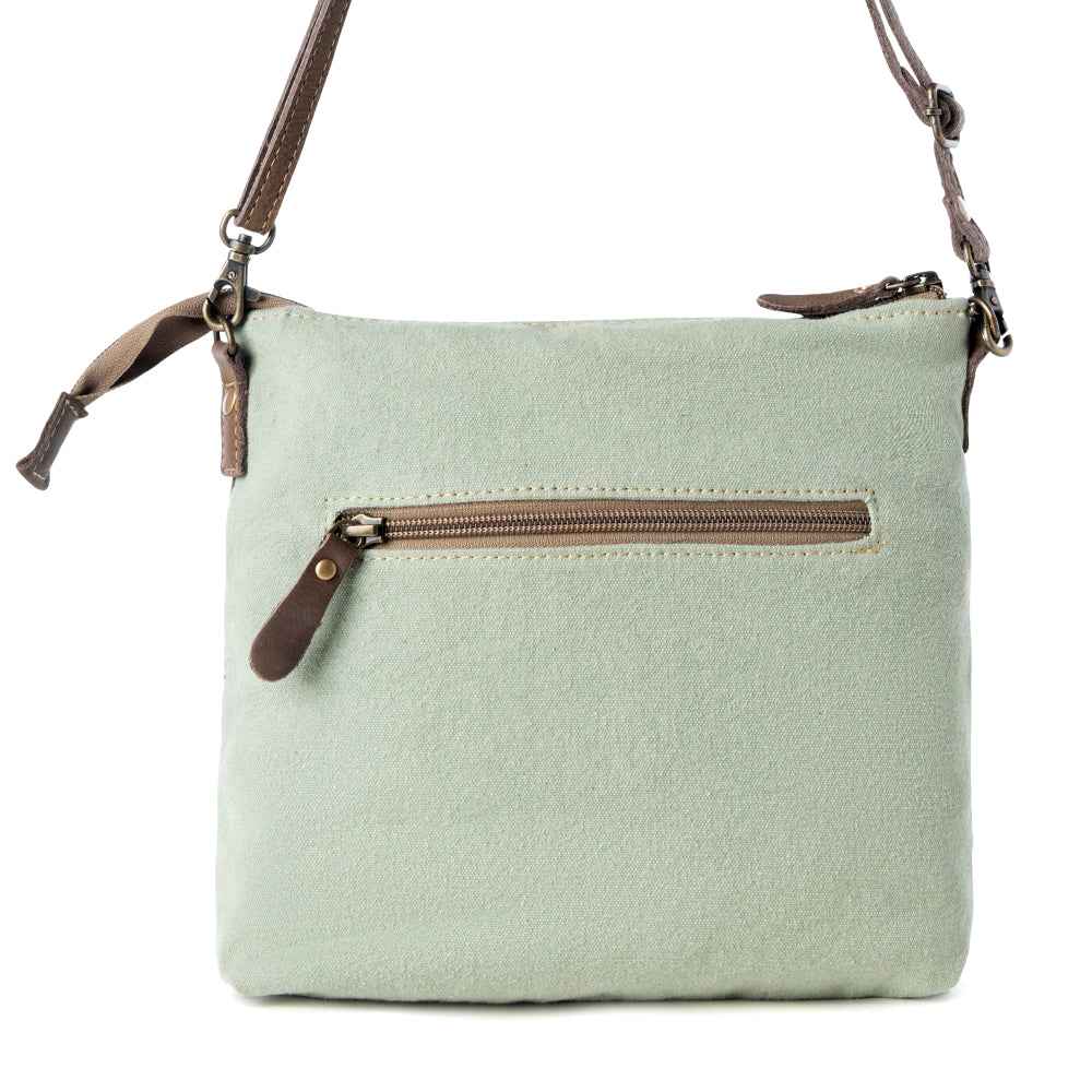 Myra Wildprint Trail upcycled canvas crossbody Bag for Women in sage with floral detail