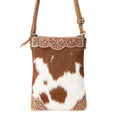 Myra Calico Hairon Crossbody Bag for Women in brown with hairon and handtooled detail