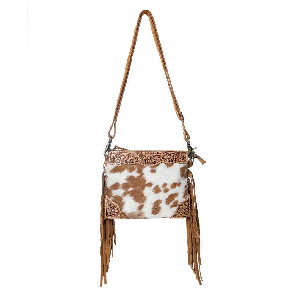 Myra Bourbon Trail Handtooled Bag for Women in brown with hairon and fringe detail