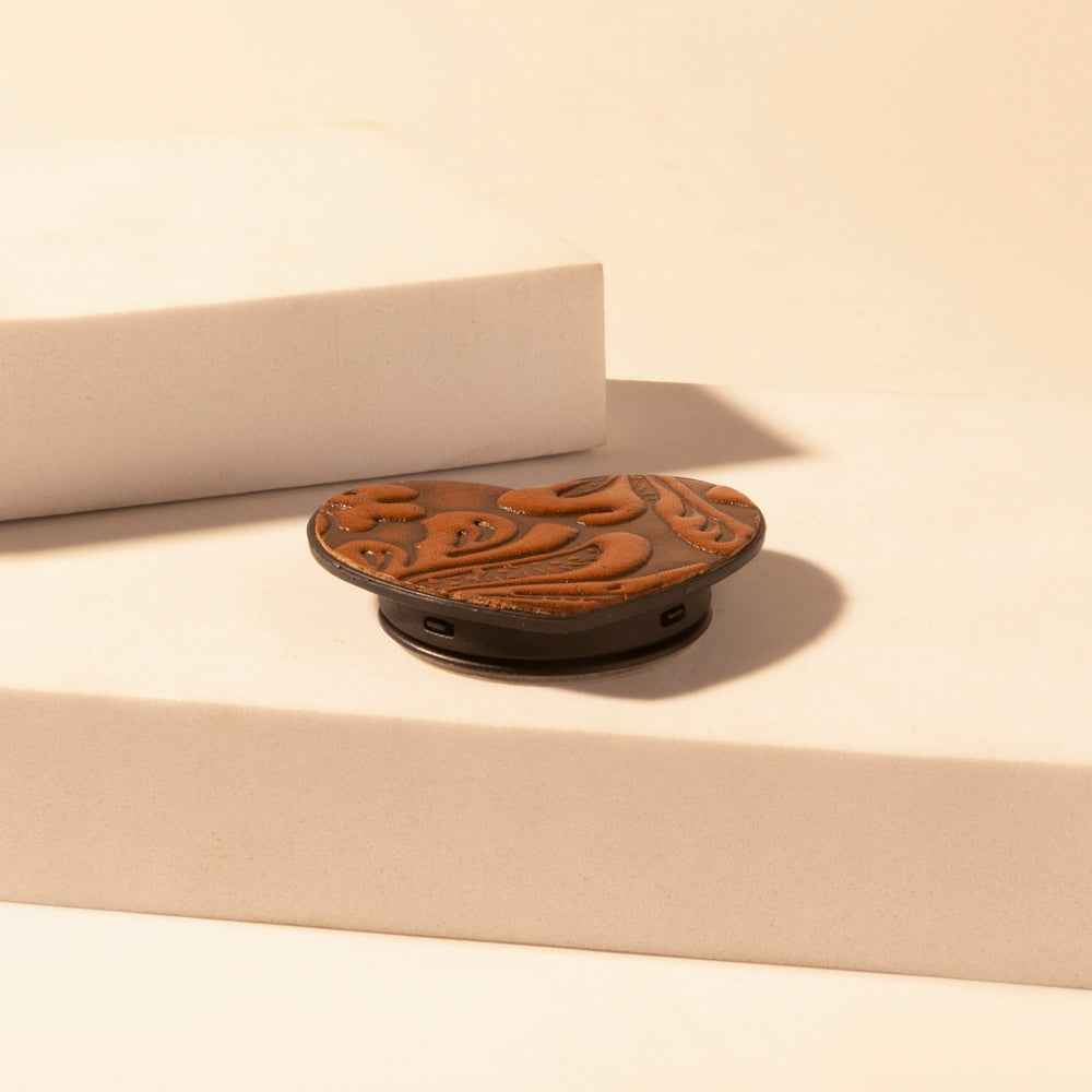 Myra Cowgirl Heart Phone Socket for Women in brown with handtooled detail for everyday use