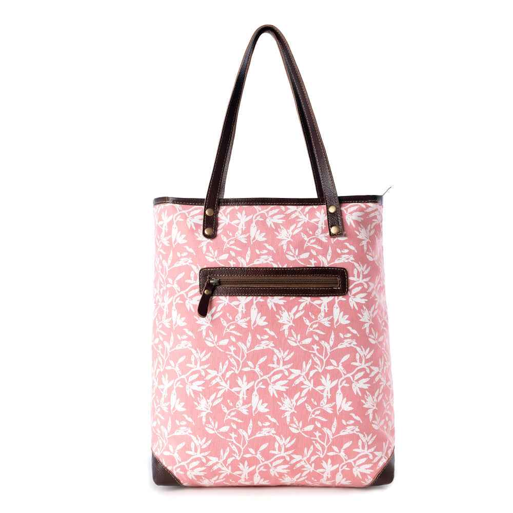 Myra Rose Vine Vintage Tote Bag for Women in pink with leather detail
