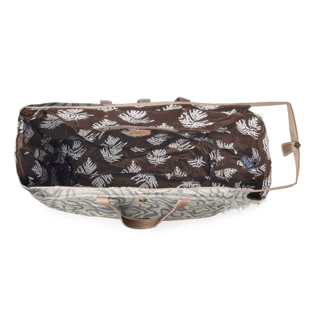 Myra Riverbed Trail Weekender Bag for Women in olive with vintage print detail