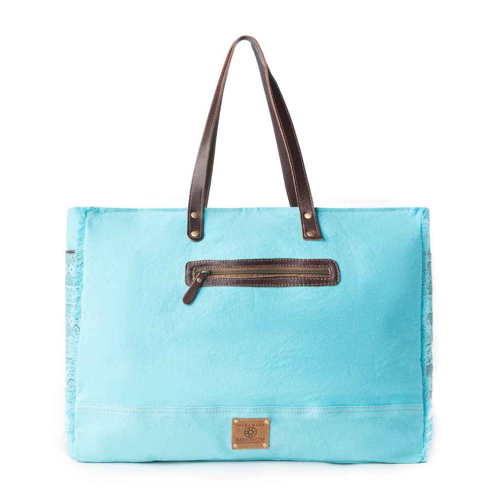 Myra Aztec Sky Western Weekender Bag for Women in turquoise with print detail