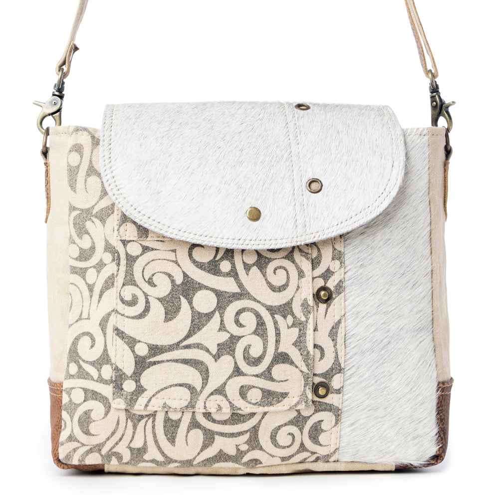 Myra Factual Hairon Leather Messenger Bag â€“ Swirl Canvas, White Hairon Flap, Rustic Straps for Everyday Western Style