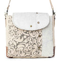 Myra Factual Hairon Leather Messenger Bag â€“ Swirl Canvas, White Hairon Flap, Rustic Straps for Everyday Western Style