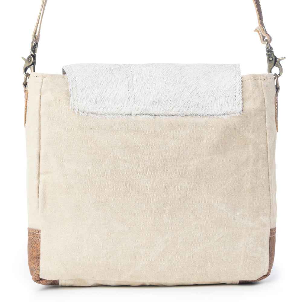 Myra Factual Hairon Leather Messenger Bag â€“ Swirl Canvas, White Hairon Flap, Rustic Straps for Everyday Western Style