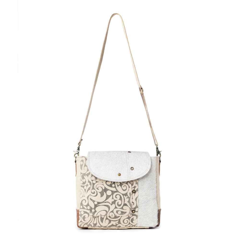 Myra Factual Hairon Leather Messenger Bag â€“ Swirl Canvas, White Hairon Flap, Rustic Straps for Everyday Western Style