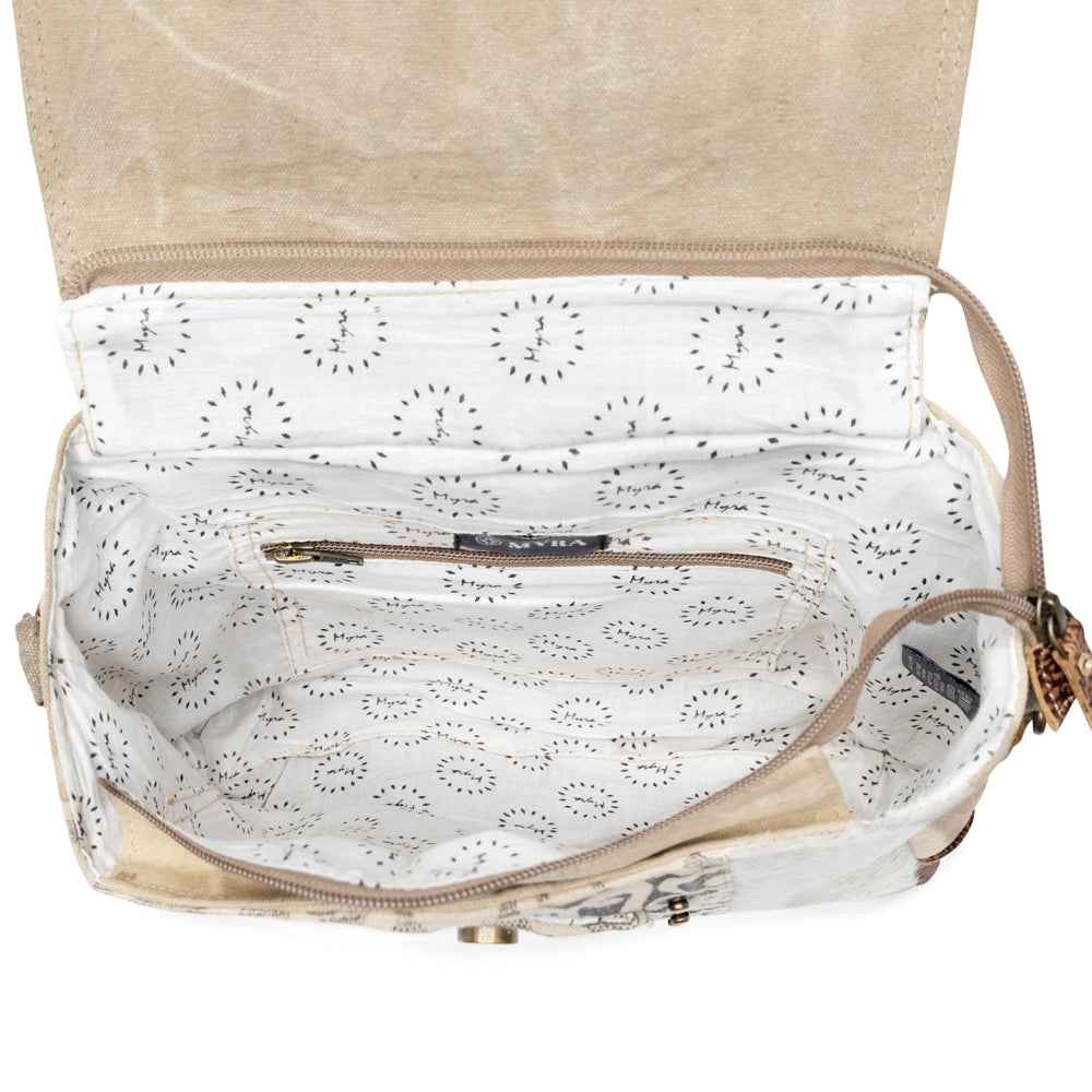 Myra Factual Hairon Leather Messenger Bag â€“ Swirl Canvas, White Hairon Flap, Rustic Straps for Everyday Western Style