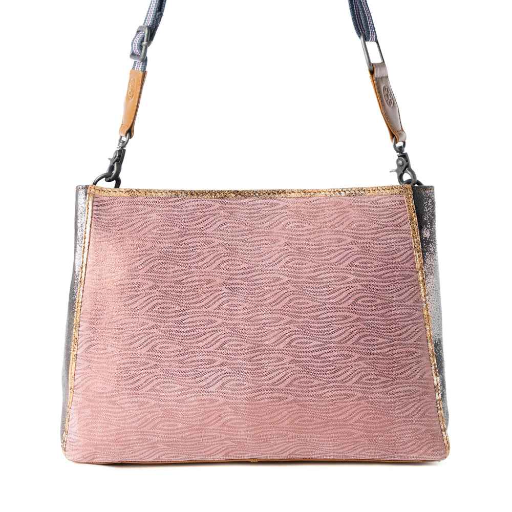 Myra Rosemist Leather Bag for Women in pink with textured detail and shoulder strap