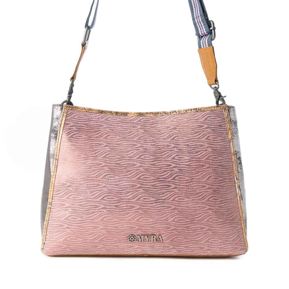 Myra Rosemist Leather Bag for Women in pink with textured detail and shoulder strap