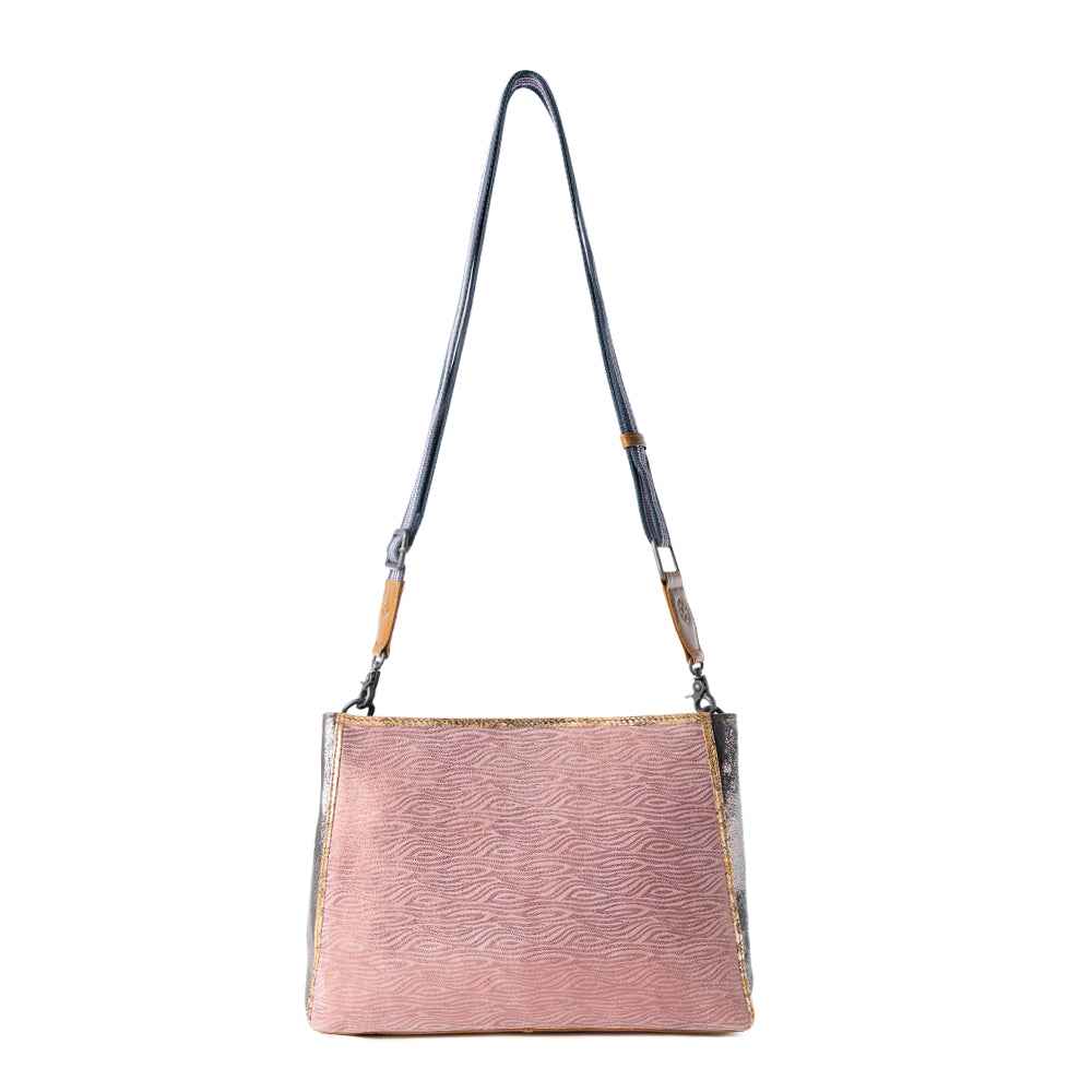 Myra Rosemist Leather Bag for Women in pink with textured detail and shoulder strap