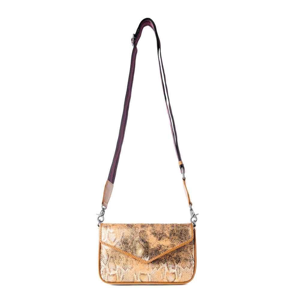 Myra Wild Print Leather Bag for Women in Golden with snake print detail and shoulder strap