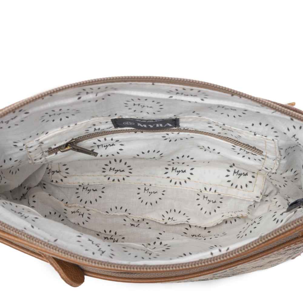 Myra Dizzy Circle Leather Shoulder Bag for Women Sunburst Floral Print, Adjustable Strap, Rustic Everyday Companion