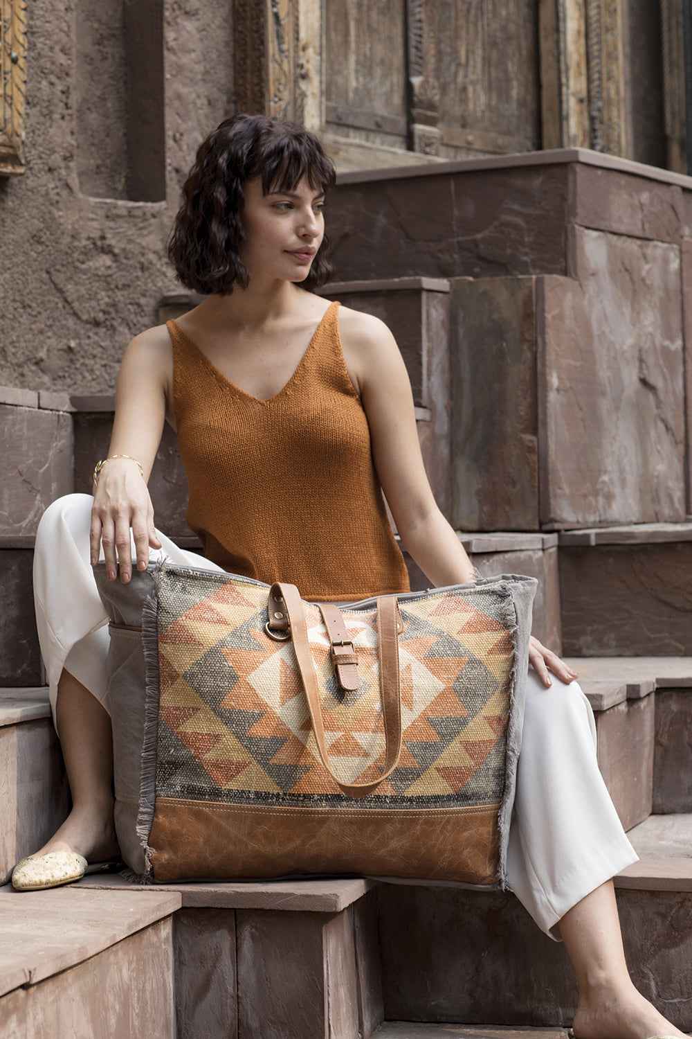 Myra Cosmopolitan Weekender Tote Bag Fringed Edges, Aztec Print Design with Buckle Flap Closure for Travel