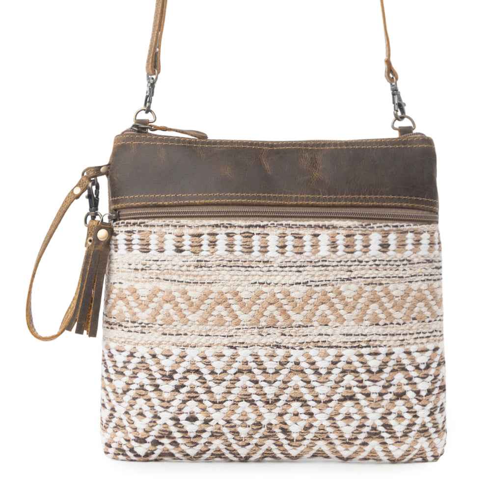 Myra Contentent Aztec Sling Bag for Women – Patterned Canvas, Brown Leather Trim, Crossbody for Everyday Western Look