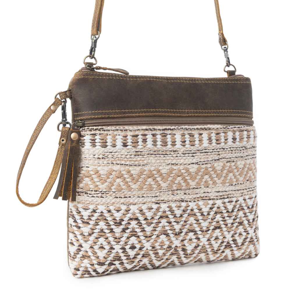 Myra Contentent Aztec Sling Bag for Women – Patterned Canvas, Brown Leather Trim, Crossbody for Everyday Western Look