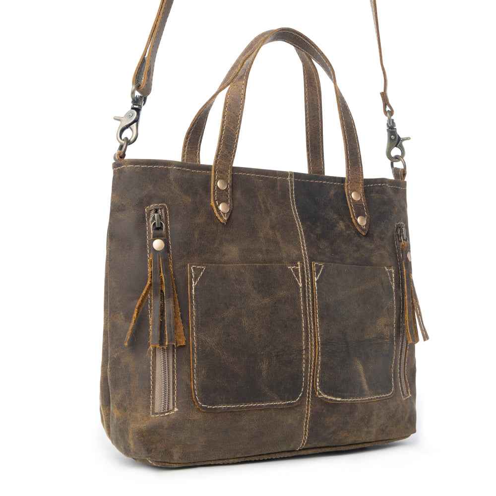 Myra Ultimate Choice Brown Suede Leather Handbag for Women Twin Top Handles, Crossbody Strap, Double Front Pockets