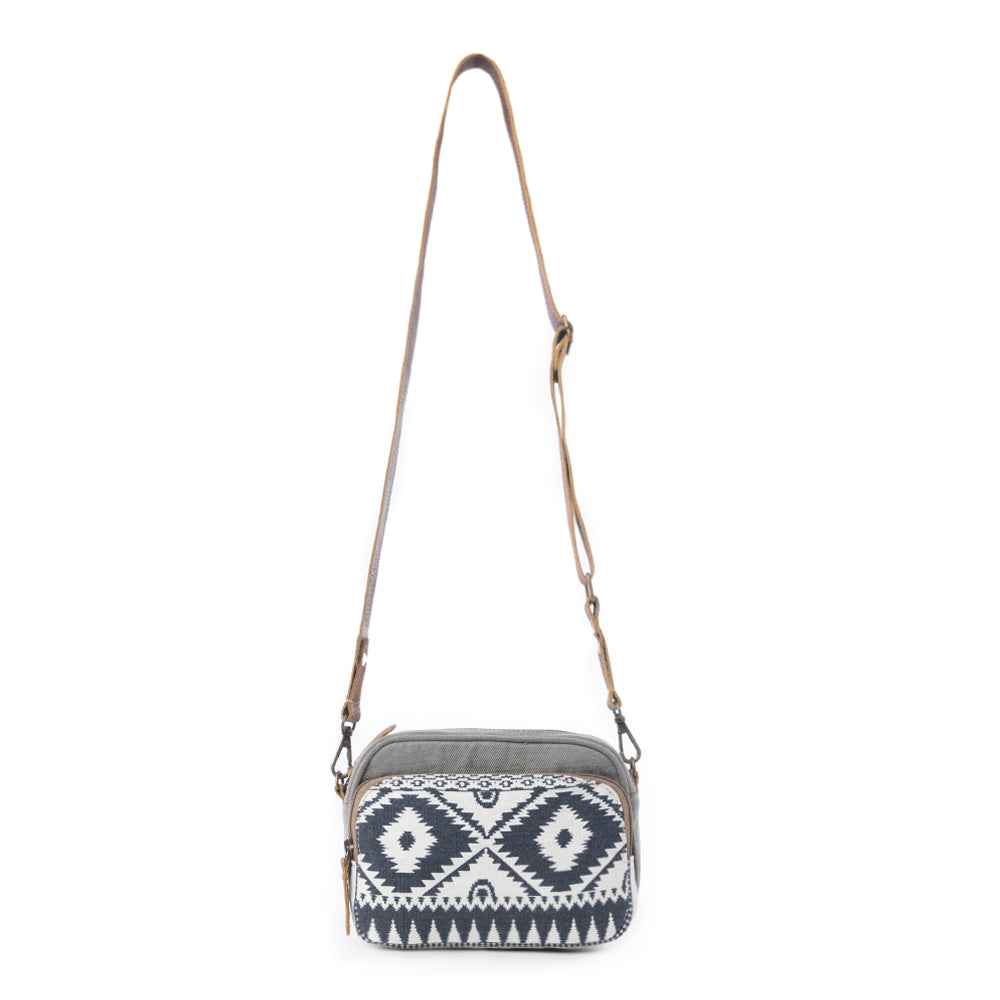Myra Temptation Tribal Pattern Small Crossbody Bag for Women â€“ Geometric Canvas Front, Adjustable Leather Strap for Everyday Western Style