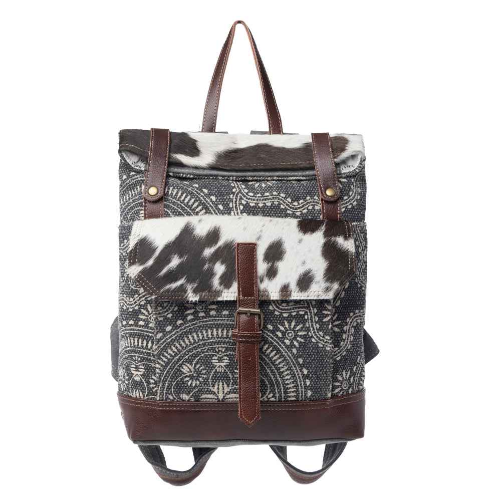 Myra Vibe with Me Hairon Canvas Backpack for Women Mandala Print, Leather Straps for Boho Travel & Western Day Trips