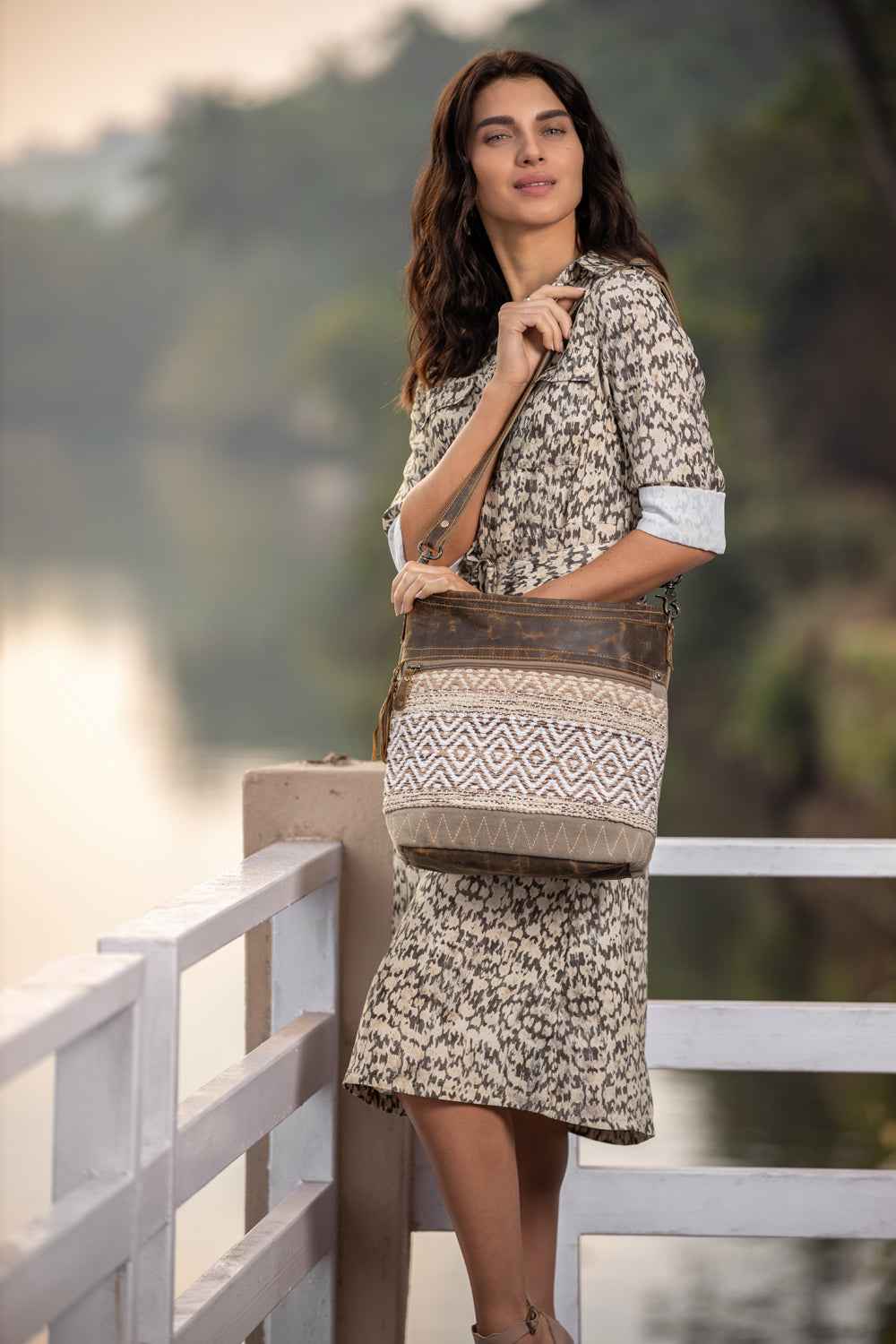 Myra Blending Taste Aztec Print Shoulder Bag for Women Brown Suede Leather, Adjustable Strap, Rustic Daily Carry