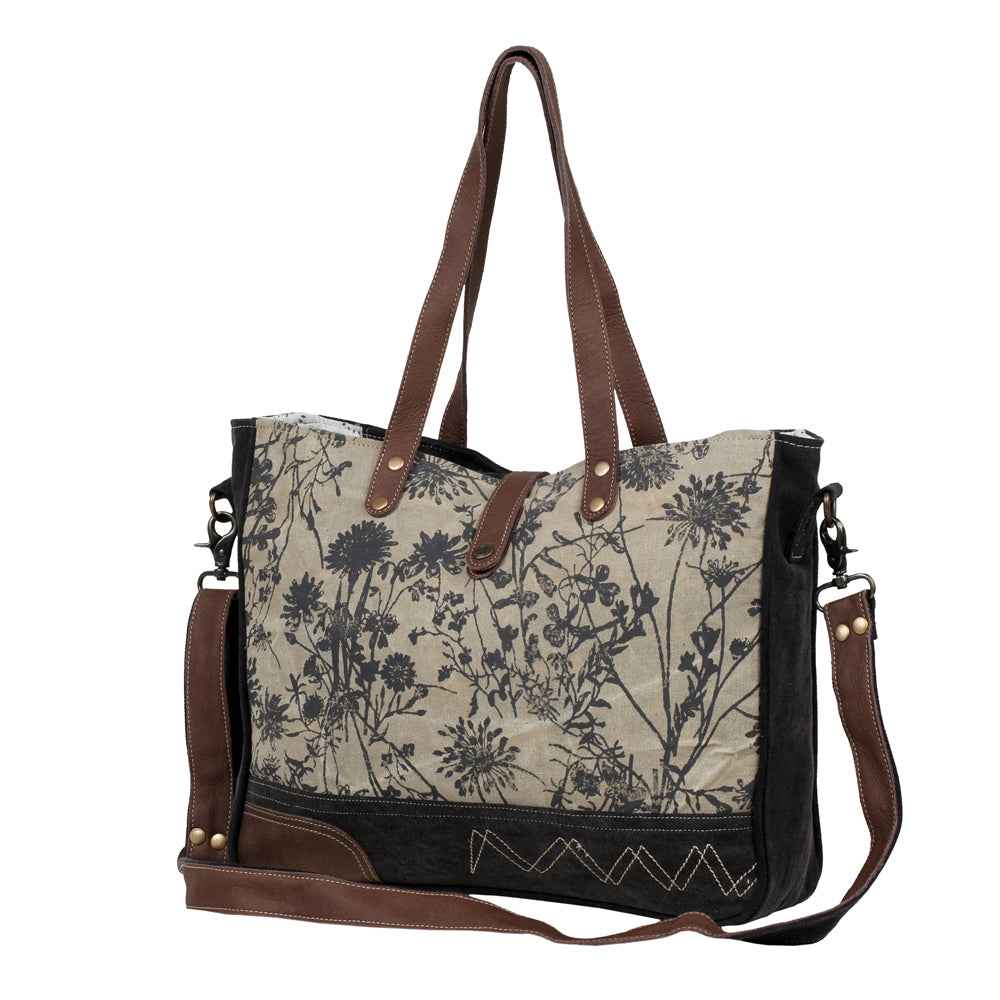 Myra Mystique Canvas Leather Messenger Bag - Dual Strap Floral Satchel with Vintage Print and Adjustable Crossbody Design