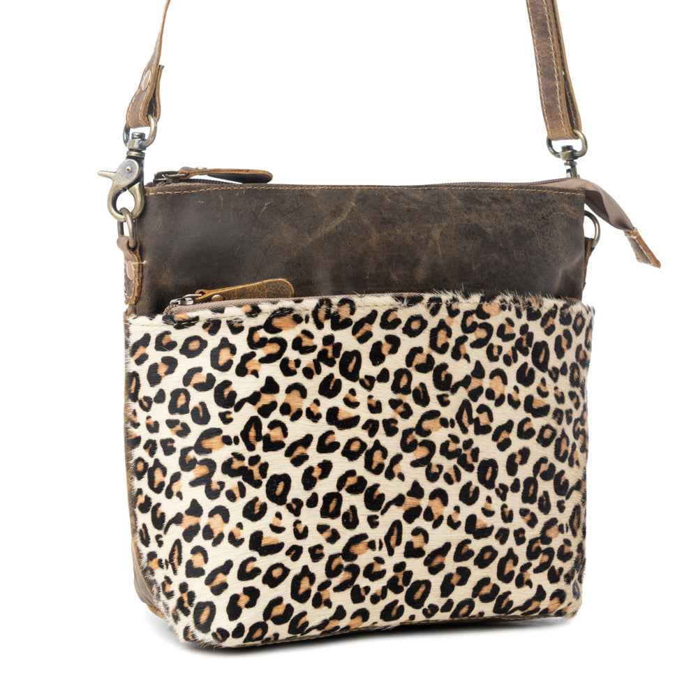 Myra Feline Hairon Leather Crossbody Bag Suede Finish, Leopard Print Front, Adjustable Strap for Everyday Chic