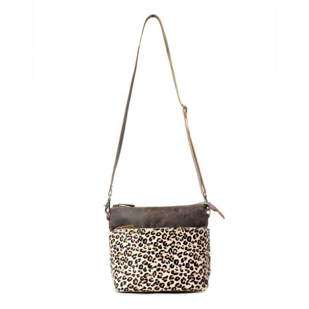 Myra Feline Hairon Leather Crossbody Bag Suede Finish, Leopard Print Front, Adjustable Strap for Everyday Chic