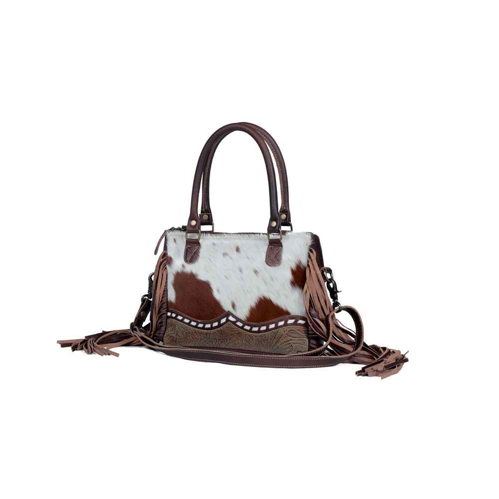 Myra Brown Freckles Concealed Carry Bag Hairon Leather with Fringe Detail and Tooled Trim, Dual Carry Western Tote