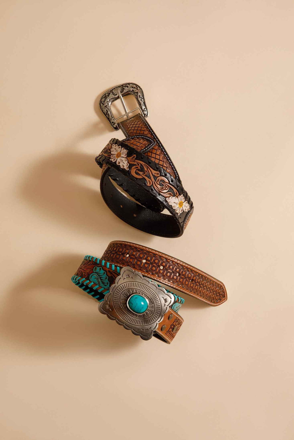 Checkered brown Hand-Tooled Leather Women's Belt