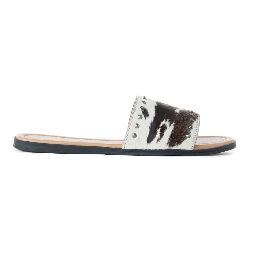 Myra Wild Dust Hairon Leather Slide Sandals â€“ Studded Flats for Women, Slip-On Comfort with Western Charm
