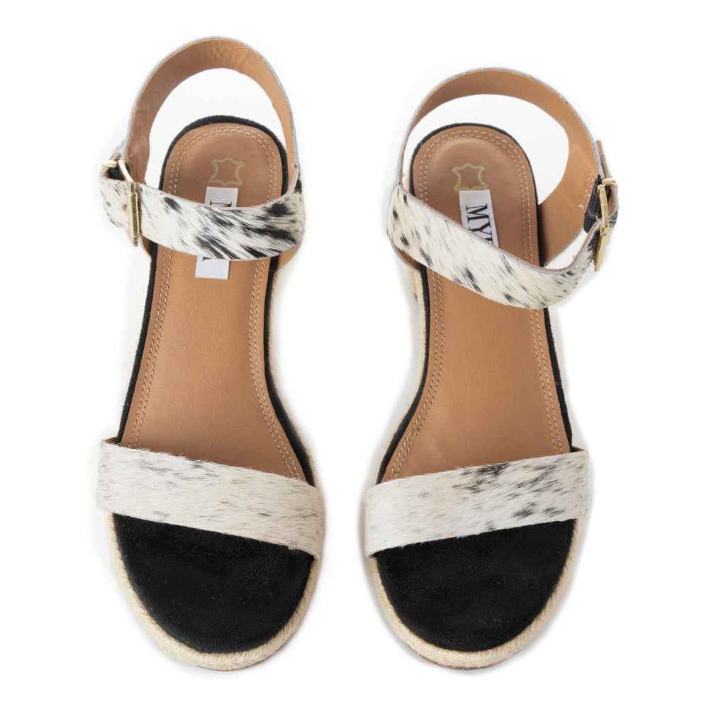 Myra Satin Hairon Leather Heels for Women – White Hairon Block Heels with Buckle Strap & Jute Accents