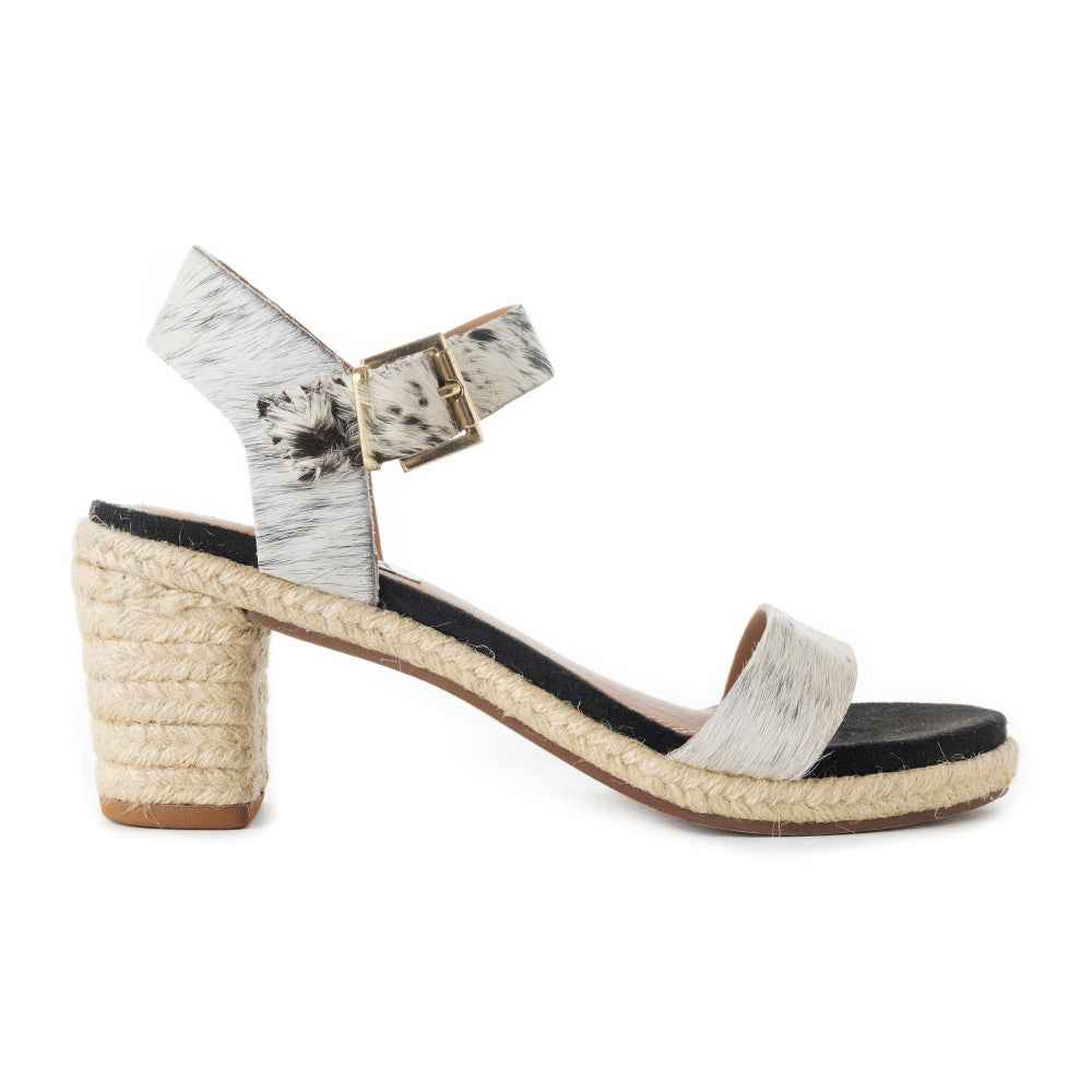 Myra Satin Hairon Leather Heels for Women – White Hairon Block Heels with Buckle Strap & Jute Accents